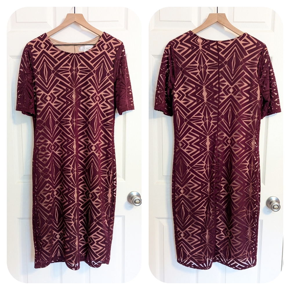 Kelly Renee Short Sleeve Sheath Cocktail Midi Dress Wine Large